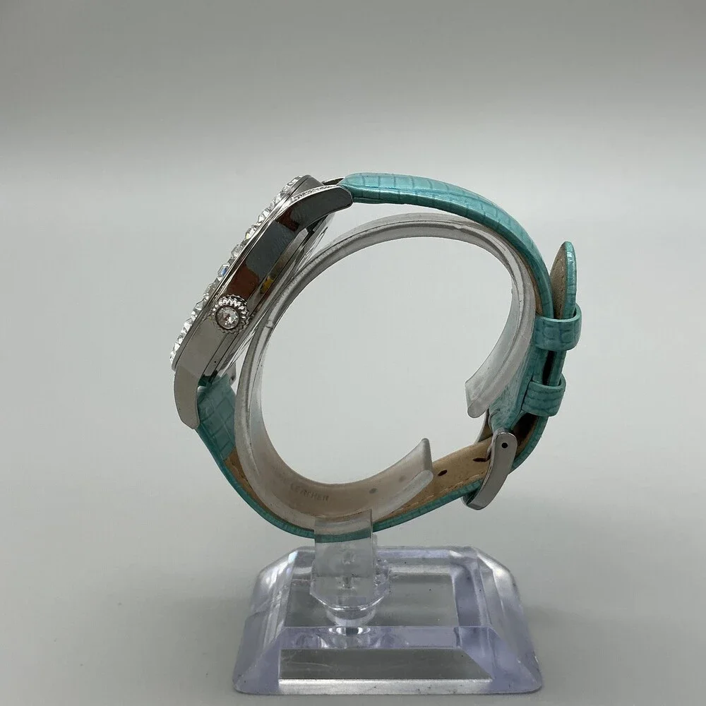 Victoria Wieck Womens Watch 42mm Silver Tone Aqua Leather Crystals New Battery